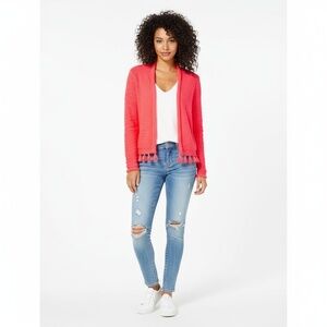 Lilly Pulitzer Coral Tassel Knit Cardigan Sweater Open Front Lightweight XXS